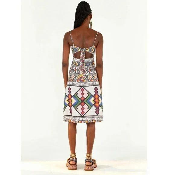 NWT. FARM RIO Amulet Multicolored Textured Linen Midi Dress Size M - Picture 4 of 10